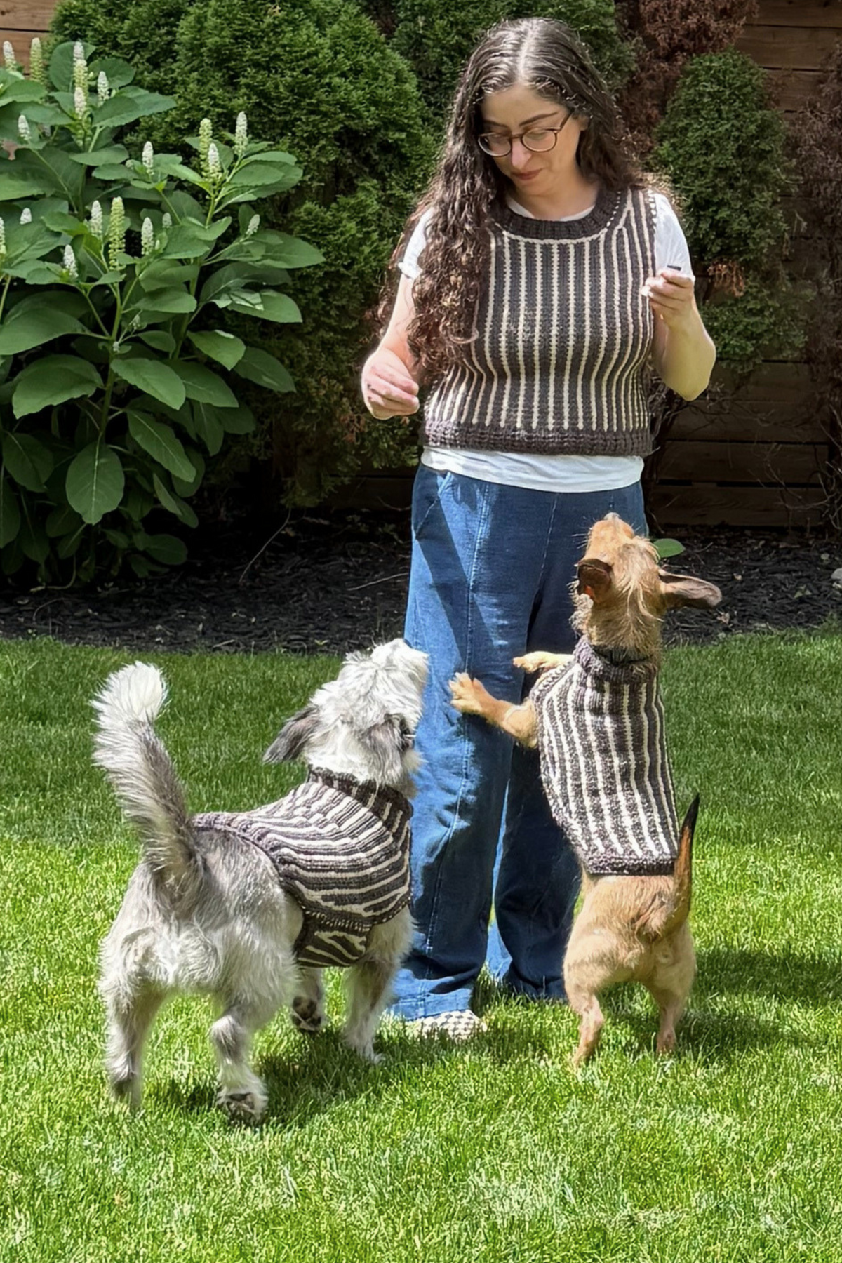 Woman and two small dogs wearing matching charcoal grey and cream vertical striped sweaters.