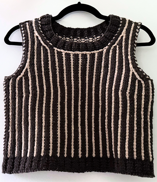 Knit sweater vest in charcoal grey and cream vertical stripes